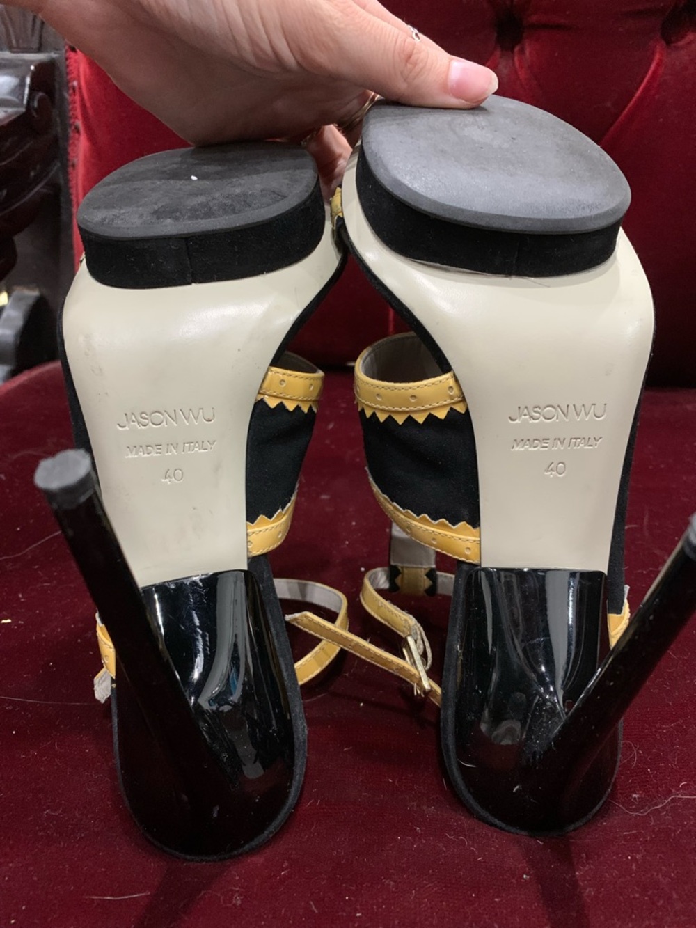 Jason Wu Black and Yellow Zigzag Strap Slingback Heels - Picture 6 of 9